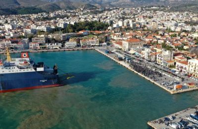 Residents on Chios island in Greece block ship carrying construction machinery for new migrant center