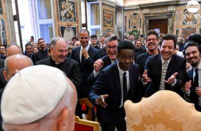 Photo from Vatican Facebook page showing comedians Chris Rock, Stephen Colbert and Jimmy Fallon among others teasing Pope Francis