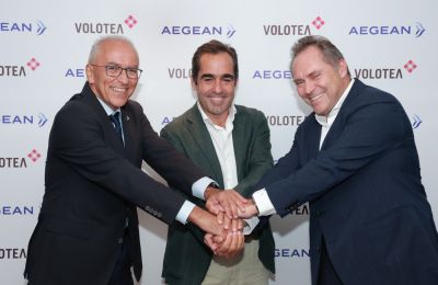 L-R Mr. Dimitris Gerogiannis CEO AEGEAN, Mr. Carlos Muñoz Founder and CEO of Volotea Mr. Eftichios Vassilakis Chairman AEGEAN