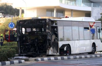 File photo of burned school bus in Aglantzia