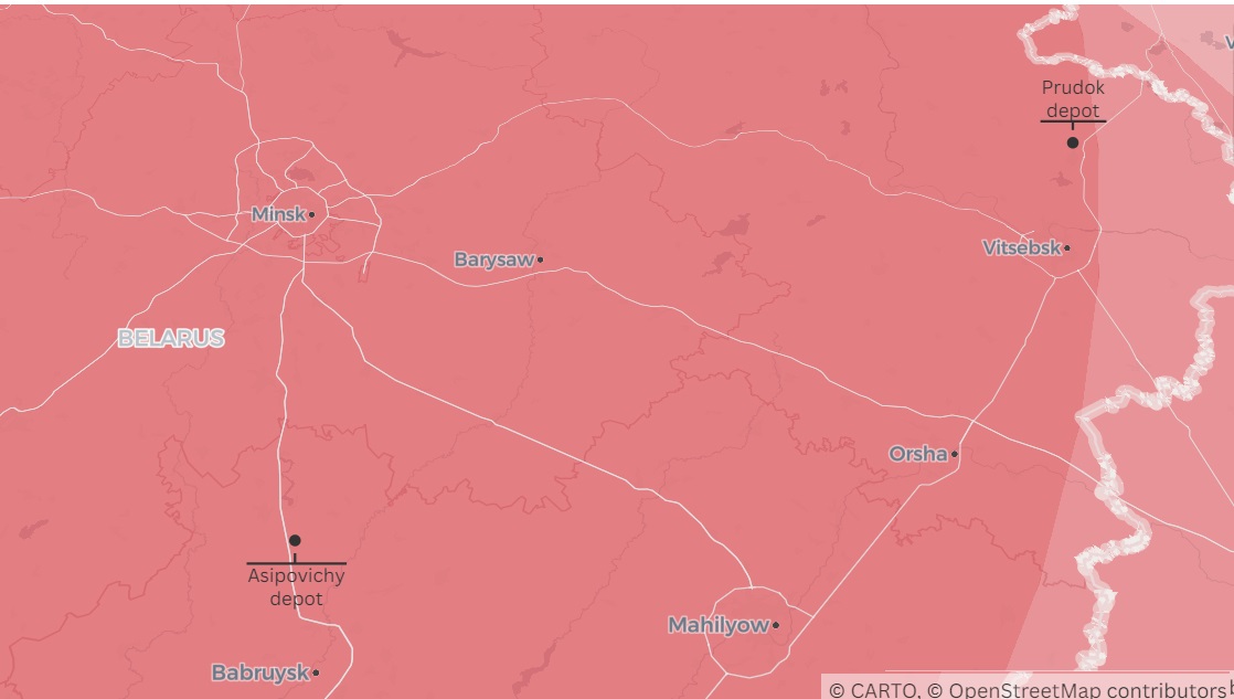 22 Munitions arsenals in the Belarusian town of Asipovichy and the village of Prudok are believed to house tactical nuclear weapons transferred from Russia. Credit: icanw.org, understandingwar.org