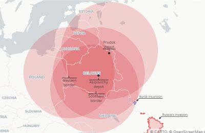 Russian tactical nuclear weapons fired from Belarus may have a reach of 300 miles. Credit: icanw.org, understandingwar.org