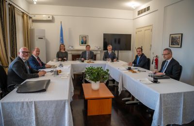 T/C Leader Ersin Tatar, UN's Colin Stewart and President Christodoulides at a meeting on January 20, 2025.