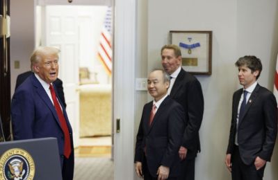 Trump giving a briefing with Softbank CEO Masayoshi Son, Oracle CEO Larry Ellison, and OpenAI CEO Sam Altman. | Aaron Schwartz/Sipa USA