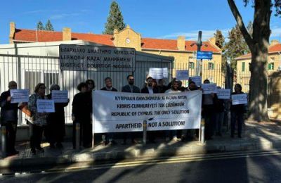 Union of Cyprus members hold a banner of hope outside the Cyprus High Commission in London