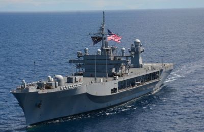 USS Mount Whitney docks in Larnaca