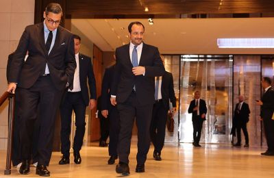 President Christodoulides and Foreign Minister Constantinos Kombos leaving the venue where Guterres hosted a dinner for the two sides, including Ersin Tatar and Turkish FM Hakan Fidan.