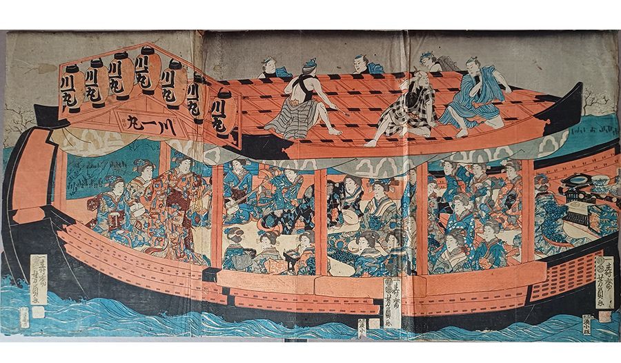 UTAGAWA Yoshikazu (19th century), Large Pleasure Boat Woodcut (mokuhanga technique), 1850-1860.