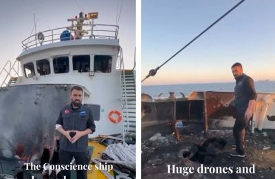 Cypriot company’s ship responds to SOS after drone strike. Photos screen capture from GazaFreedomFlotilla Instagram