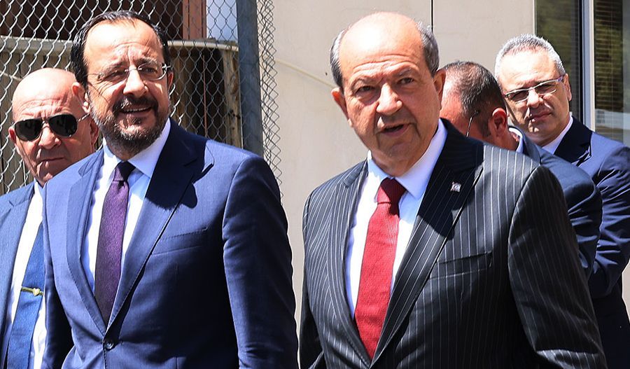 Snapshot of President Nikos Christodoulides and Turkish Cypriot leader Ersin Tatar at today's meeting.