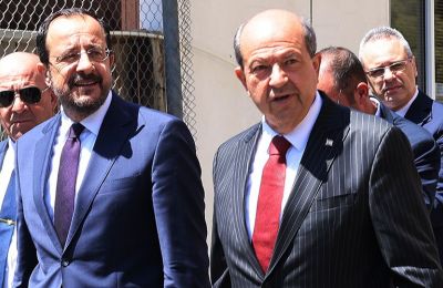 Snapshot of President Nikos Christodoulides and Turkish Cypriot leader Ersin Tatar at today's meeting.
