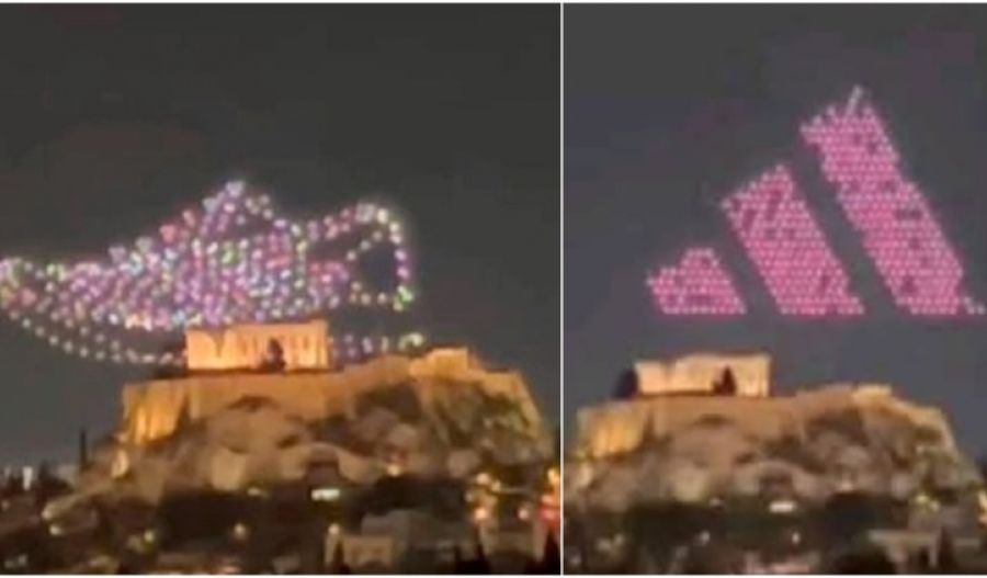 Drone display advertising sneakers near the Acropolis ignites backlash over cultural exploitation and legal violations. File photos