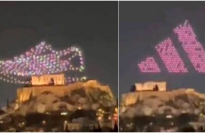 Drone display advertising sneakers near the Acropolis ignites backlash over cultural exploitation and legal violations. File photos