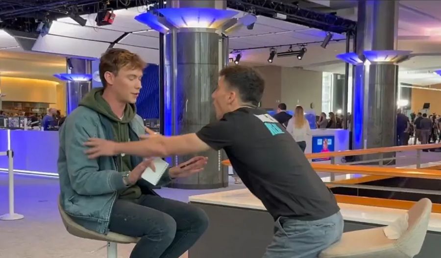 Screen grab from video of journlaist Caolan Robertson during his interview with Fidias Panayiotou.