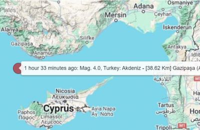 Moderate earthquake shakes eastern Mediterranean waters between Cyprus and Turkey. Photo screen captured from Volcanodiscovery.com