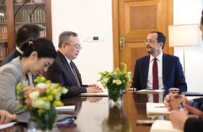 President  Christodoulides meets Liu Jianchao, Minister of the International Department of the CPC. Photo credit: Andreas Loucaides/PIO