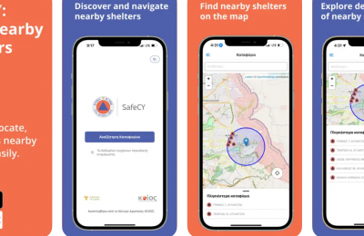 SafeCY tool shows shelter locations, search options, and safety guidelines.