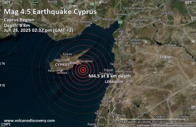 Tremor felt in several districts; no reports of damage or injuries. Photo credit: Volcanodiscovery.com