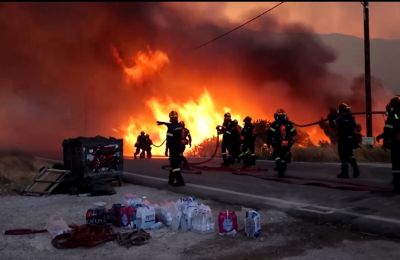 Blaze forces evacuations, threatens historic mastic villages as Greece battles multiple fire fronts. Photo screen captured from Reuters video