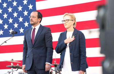 President Nikos Christodouldies and US Ambassador Julie Davis at the US 4th of July reception held on July 1st at the University of Cyprus campus in Nicosia. (PIO)