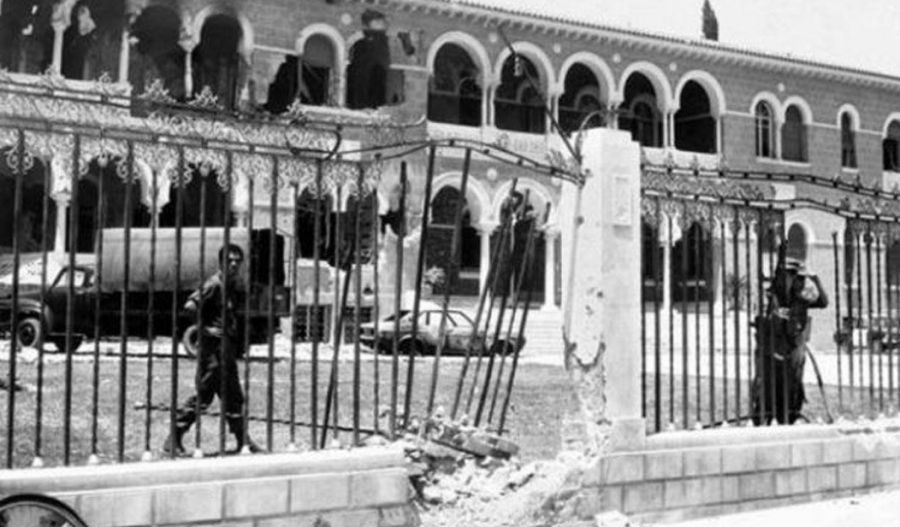 The facade of the Achrbishop's Palace during the coup on July 15, 1974.