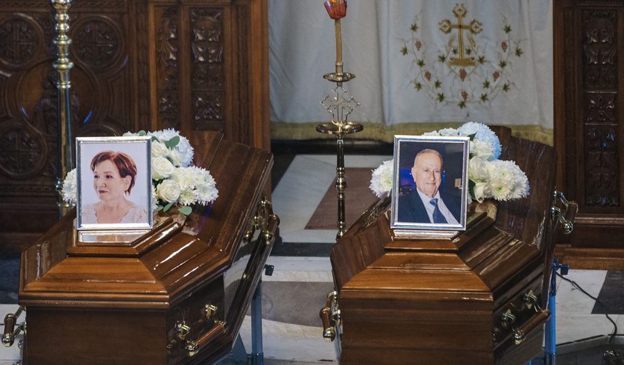 The funeral of Maro and Dimitri Filippides, who died in the recent wildfires in Limassol, held at the Holy Church of Panagia Evangelistria in Kato Polemidia.