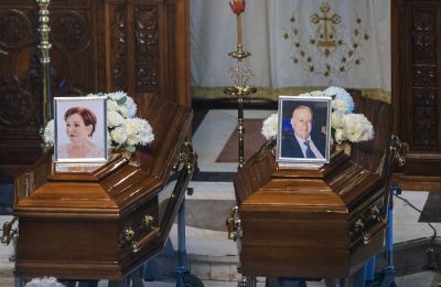 The funeral of Maro and Dimitri Filippides, who died in the recent wildfires in Limassol, held at the Holy Church of Panagia Evangelistria in Kato Polemidia.