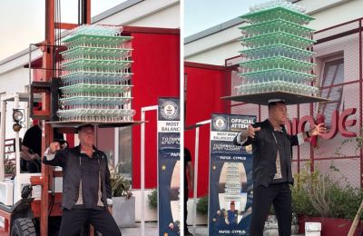 Cyprus glass dancer reclaims Guinness title, balancing more than 500 wine glasses in record-breaking feat. Photos courtesy of Guinessworldrecords.com