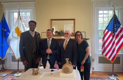 Cypriot and U.S. officials mark the return of a Cypro-Archaic chariot and a Cypro-Geometric/Archaic flask. Photo courtesy of U.S. Embassy Cyprus Facebook