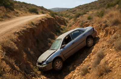 Police investigating crash after car found 200 meters off rural road. Image is AI generated
