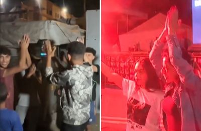 Israelis and Palestinians alike celebrate in the streets after news of the Gaza cease-fire deal breaks. Photos screen captured from BBC video
