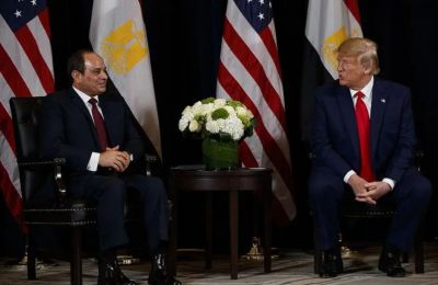 Trump and el-Sisi lead high-stakes talks as Europe, the U.N., and Arab mediators rally behind a fragile truce. © 2019 AP Photo/Evan Vucci