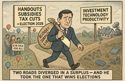 Short-term politics vs. long-term productivity. Image is AI generated