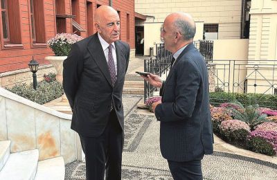 Tom Barrack and Manolis Kostidis outside the Ecumenical Patriarchate, following the American diplomat's meeting with Patriarch Bartholomew.