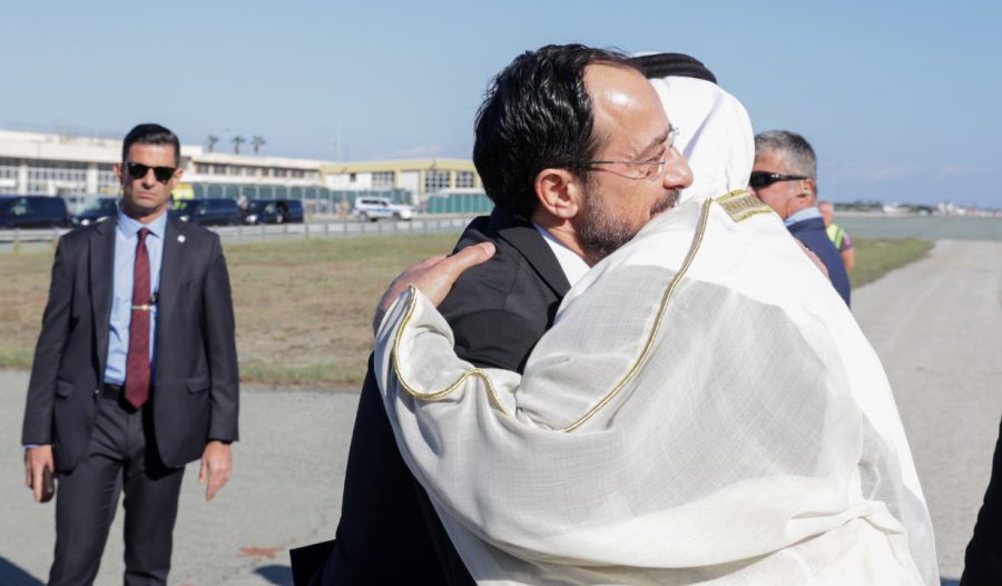 President Nikos Christodoulides with UAE President Sheikh Mohamed bin Zayed Al Nahyan who arrived in Cyprus today for his first official visit.