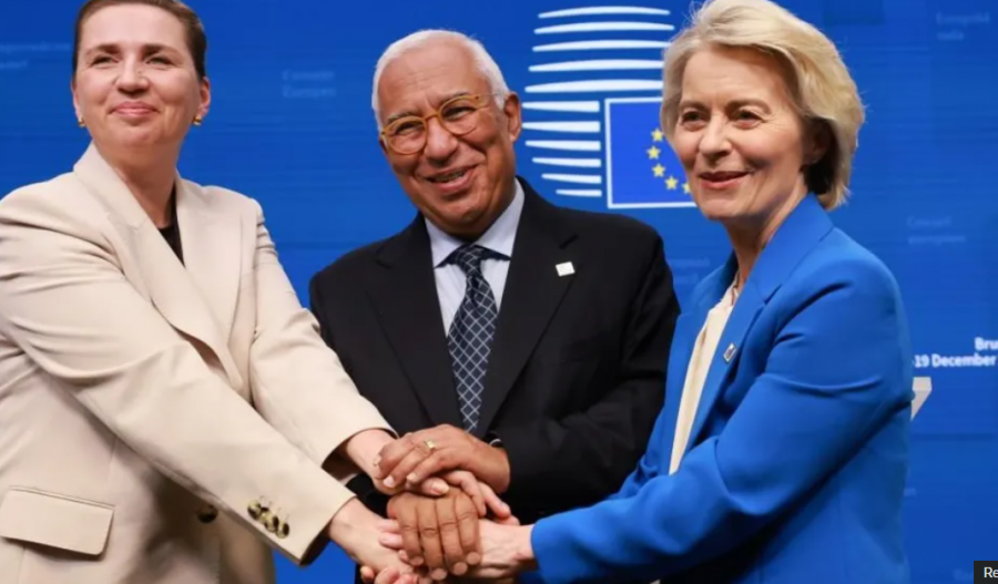 Reuters photo: Danish Prime Minister Mette Frederiksen, European Council President Antonio Costa and European Commission President Ursula von der Leyen announce the deal at the summit in Brussels.