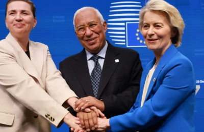 Reuters photo: Danish Prime Minister Mette Frederiksen, European Council President Antonio Costa and European Commission President Ursula von der Leyen announce the deal at the summit in Brussels.