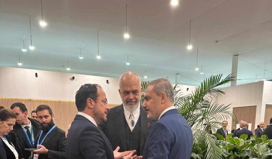 File photo of President Nikos Christodoulides and Turkey FM Hakan Fidan speaking last year.