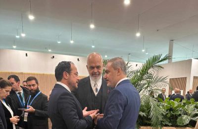 File photo of President Nikos Christodoulides and Turkey FM Hakan Fidan speaking last year