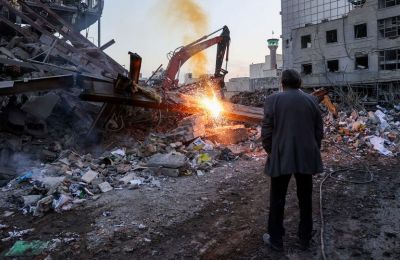 A police station in Tehran lies heavily damaged after a recent airstrike. Photo credit: Reuters