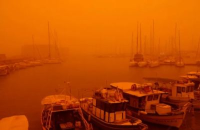 Crete blanketed in orange haze as Saharan dust sweeps across the island. Photo credit: aljazeeria.com