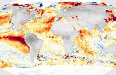 Satellite visualization capturing the intense heat signature of the emerging El Niño pattern across the globe. Photo source: NASA Science/The Ocean and Climate Change