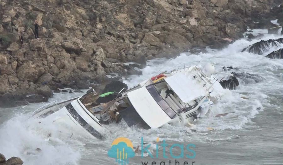 One of the boats destroyed and sank at Cavo Greco today due to the storms that hit the island.