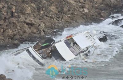 One of the boats destroyed and sank at Cavo Greco today due to the storms that hit the island.