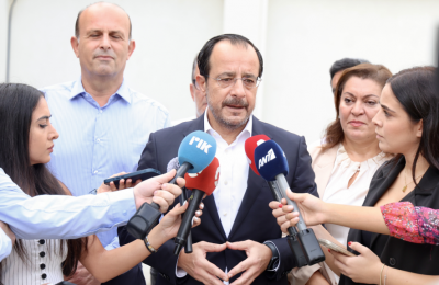Christodoulides speaking to reporters at Ayios Dometios High School today September 14, 2026.  Philippos Christou