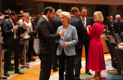 President Nikos Christodoulides and Ursula von der Leyen speaking on the sidelines of the CoE meeting in Brussels, October 2026.